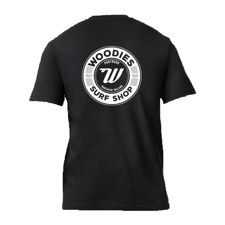 Woodies Tee - Black - White Retro Logo