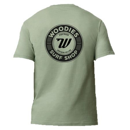 Woodies Tee - Sage - Black Retro Logo