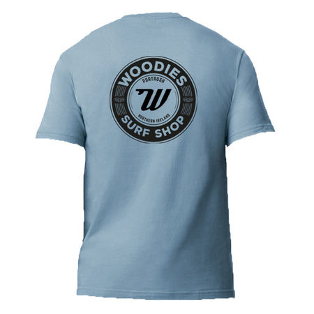 Woodies Tee - Stone Blue - Black Retro Logo