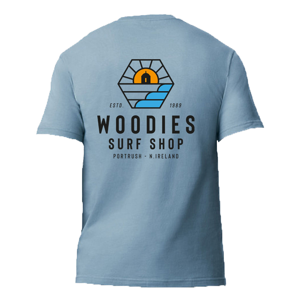Woodies Temple Logo Tee - Stone Blue
