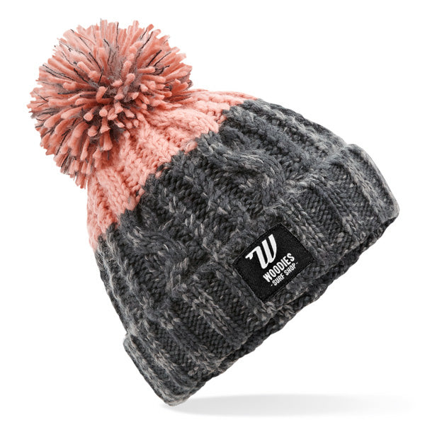 Woodies Knit Pom Pom Apres Beanie - Graphite Grey/Blush