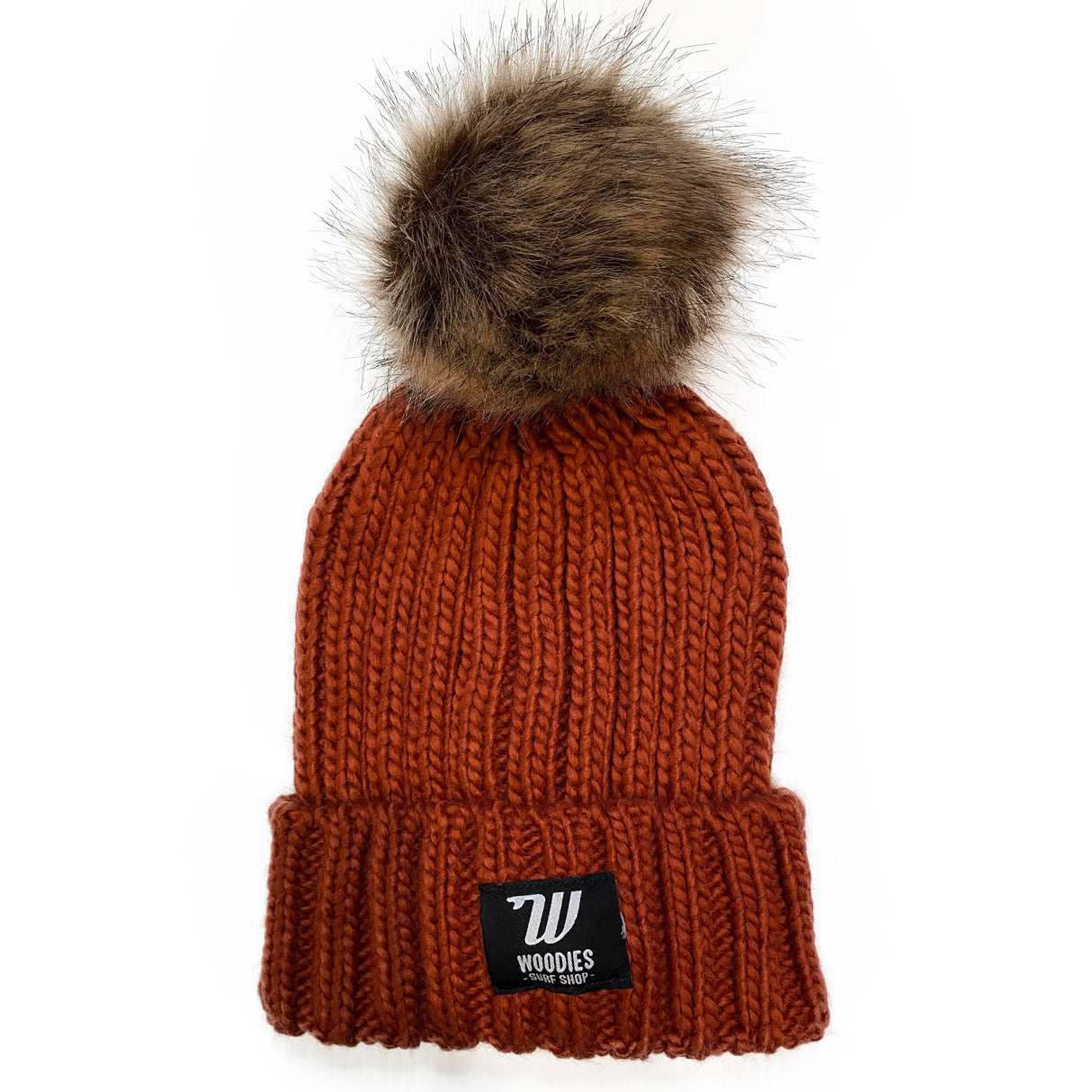 Woodies Chunky Knit Faux Fur Pom Pom Beanie - Orange Rust