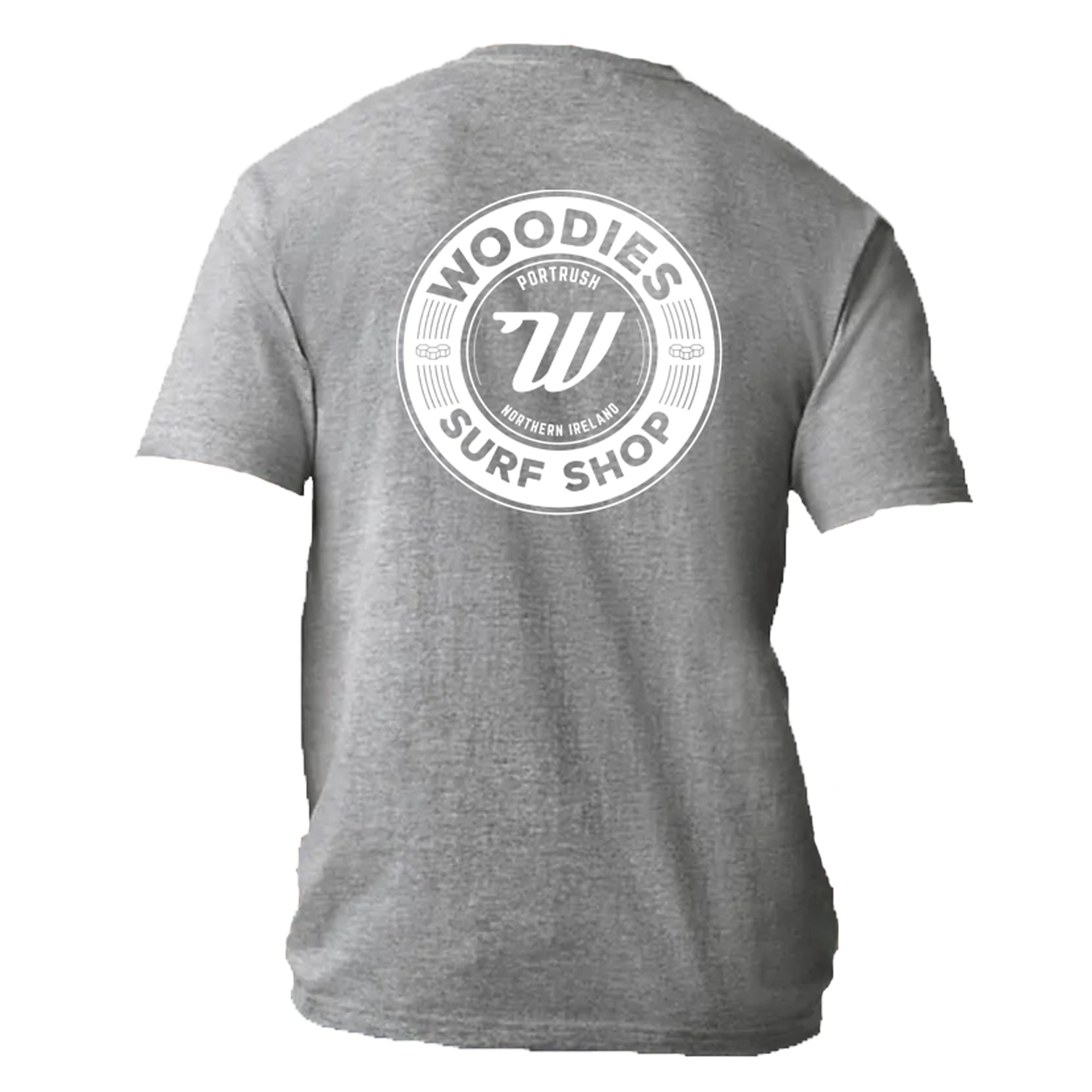 Woodies Tee - Graphite - White Retro Logo – Woodies Surf Shop