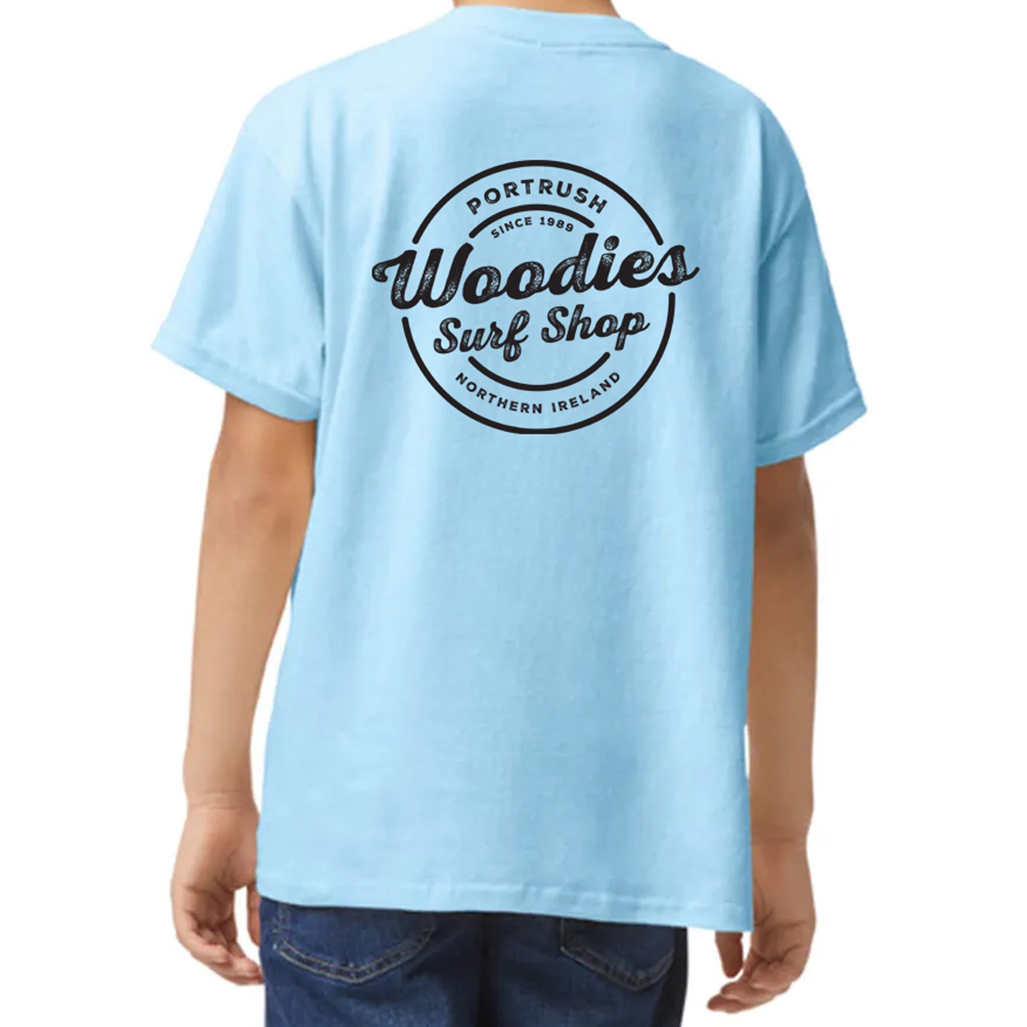 Woodies Kids Script Logo Tee - Light Blue